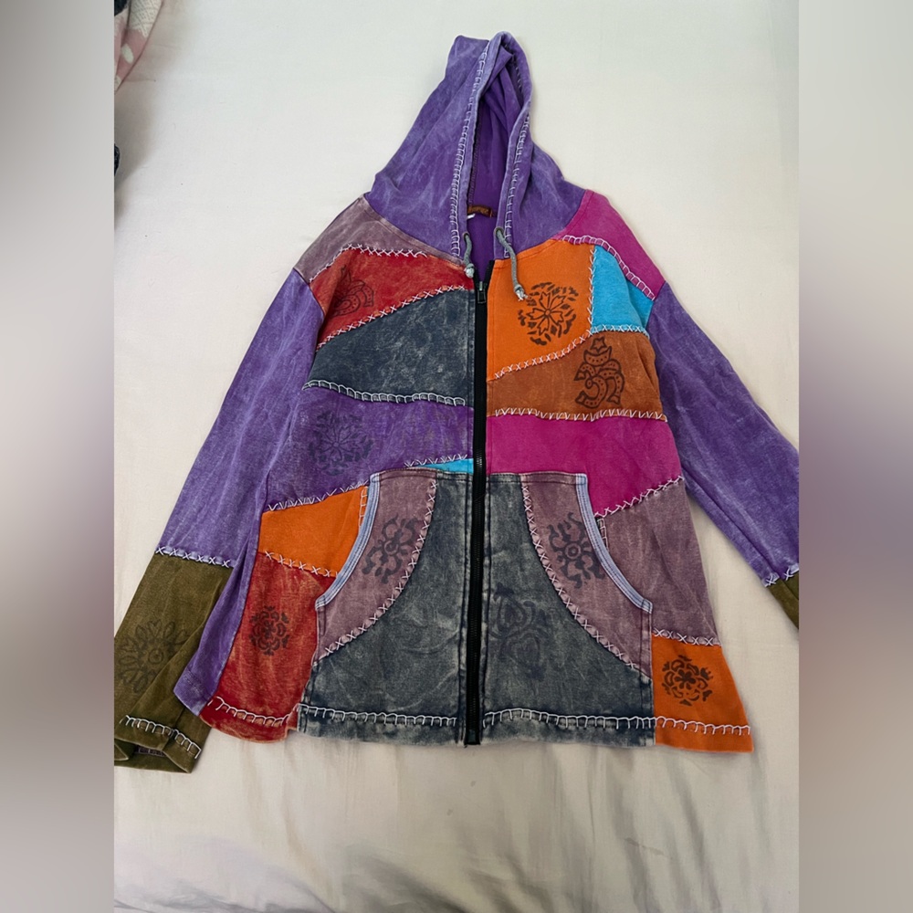 Multi-Color Patchwork Hooded Bomber Jacket - Purp… - image 1